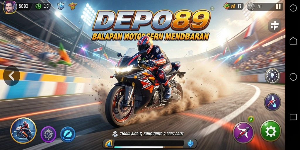 Tangkapan layar gameplay DEPO89 yang menunjukkan aksi balapan motor yang mendebarkan.