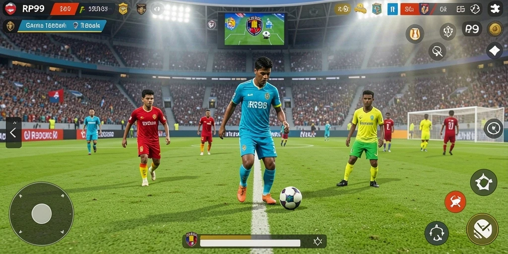Tangkapan layar gameplay RP99 menampilkan aksi seru di lapangan sepak bola.